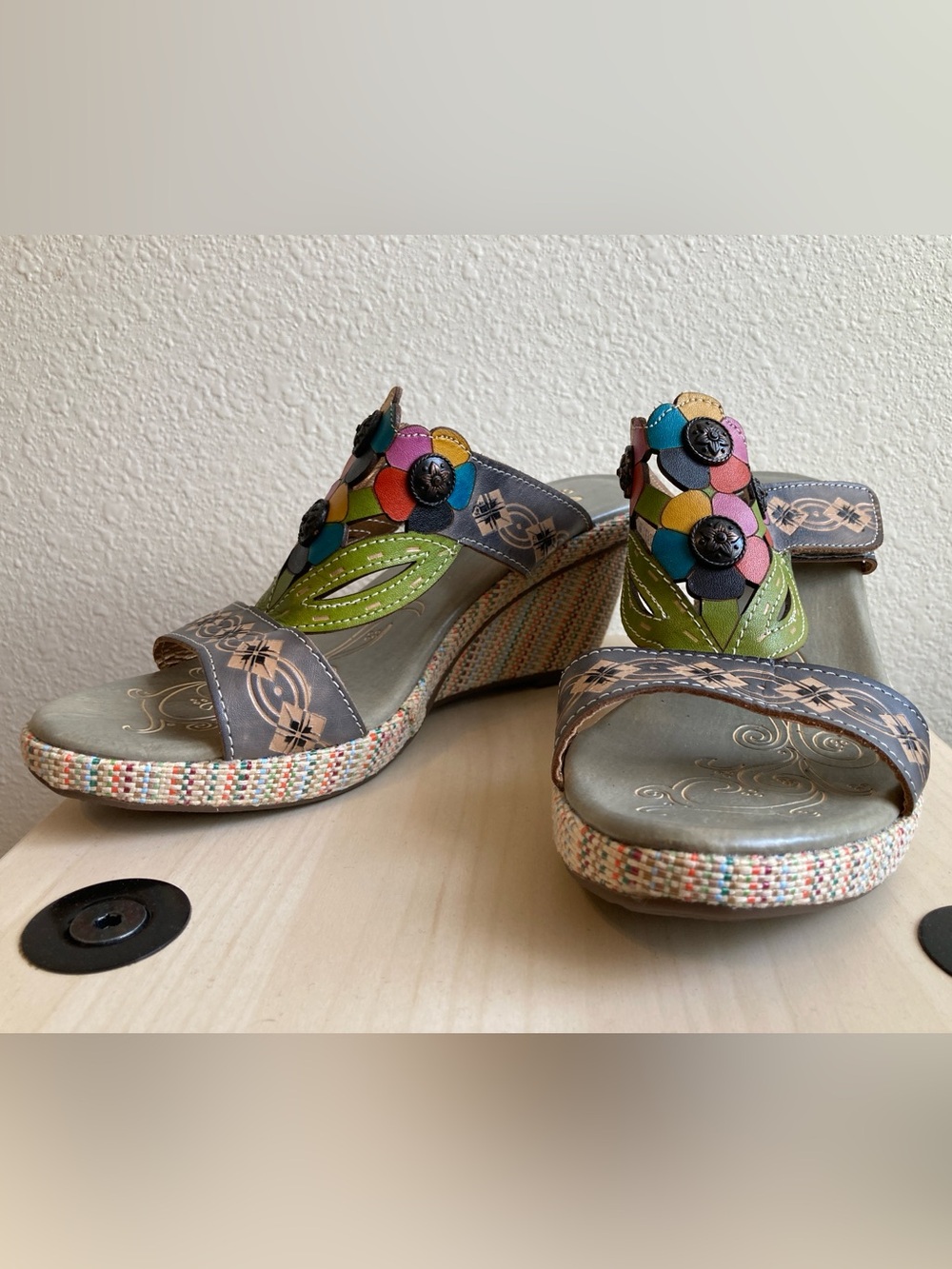 Spring Step Lucy Grey Leather Boho Wedge Sandals Women’s US 9 EU 40